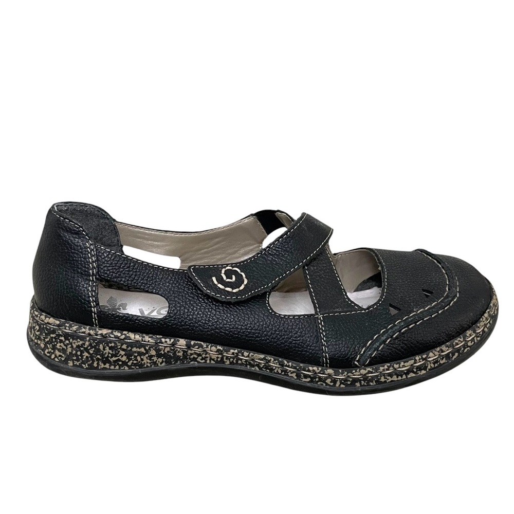 RIEKER Antistress Black Leather Laser Cutout Flat Shoe Mary Jane Shoes Black 40